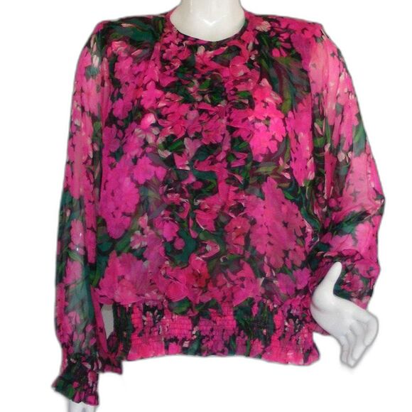 Vintage Tops - FLORA KUNG Silk Blouse, Vintage 8, Bright Pink/Green, Ruffle Bib, Shoulder pads